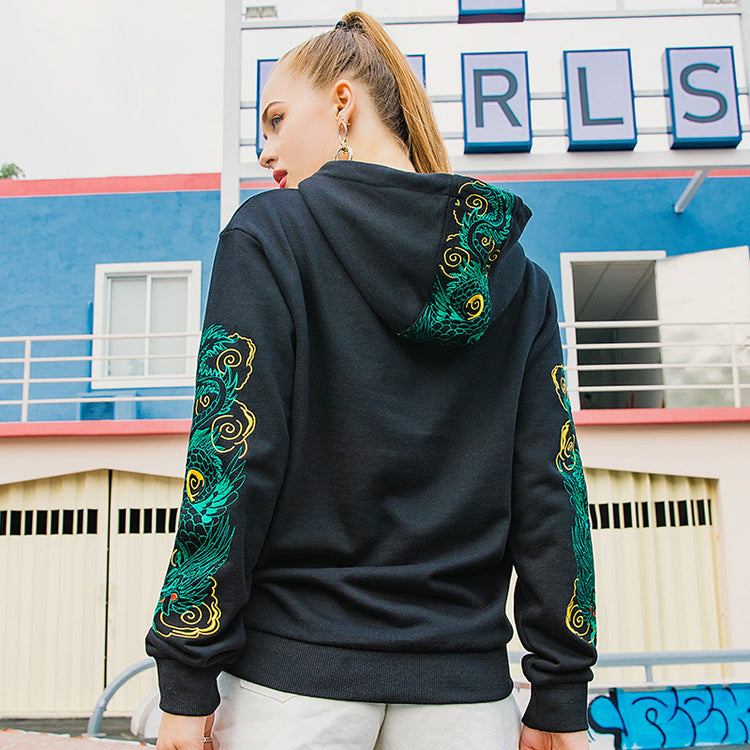 Autumn Chinese style dragon embroidery national tide clothes large size loose casual pullover men's couple hooded sweatshirt men