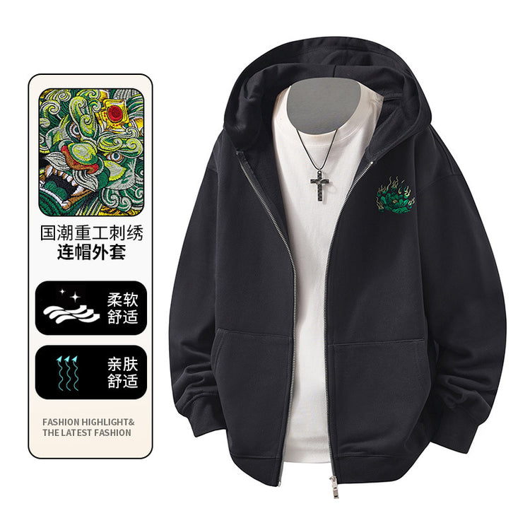 Cross-border (Pixiu cardigan) new Chinese style heavy industry embroidered Pixiu jacket men's hooded cardigan autumn/winter sweatshirt men's 420G