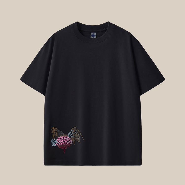 Summer new pure cotton short-sleeve men's crew neck drop shoulder embroidered trendy brand loose plus-size half-sleeve men's clothing source