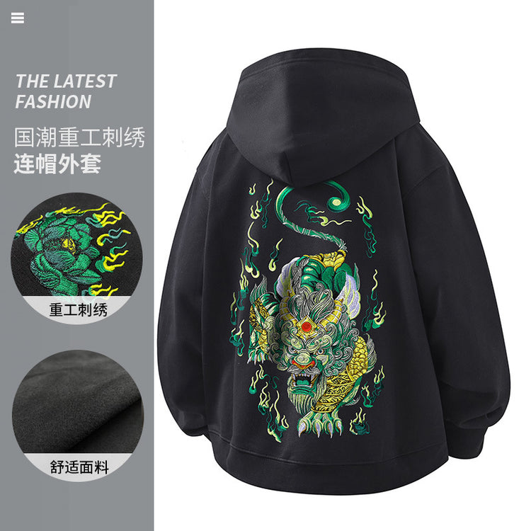Cross-border (Pixiu cardigan) new Chinese style heavy industry embroidered Pixiu jacket men's hooded cardigan autumn/winter sweatshirt men's 420G