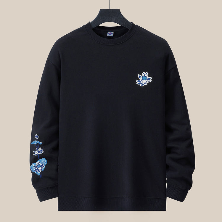 360g autumn and winter new men's round neck sweatshirt national tide loose large size fashion fashion brand embroidered cotton long-sleeved top