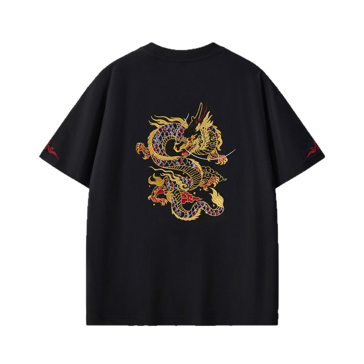 New crew neck drop shoulder short-sleeve men's pure cotton trendy brand gold thread embroidered loose youth plus-size men's wear from the source factory