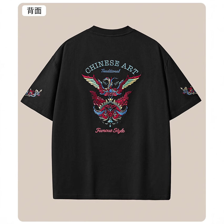 Summer New 260g Heavy Cotton Dropped Shoulder Short Sleeve T-Shirt Men's Chinese Style Embroidery Loose Plus Size Men's Wholesale