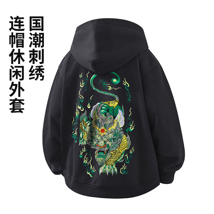 Cross-border (Pixiu cardigan) new Chinese style heavy industry embroidered Pixiu jacket men's hooded cardigan autumn/winter sweatshirt men's 420G