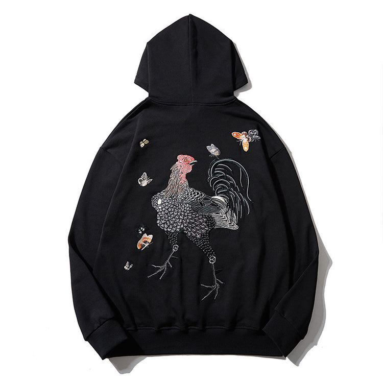 Cross-border autumn heavy industry rooster embroidery male hooded sweatshirt pullover national tide young couple trend coat clothes