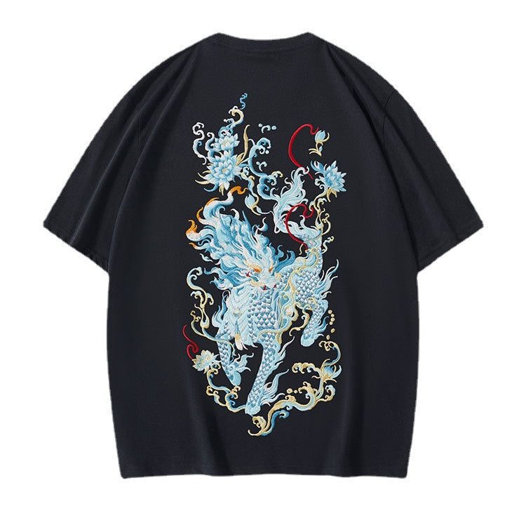 New short-sleeve men's T-shirt, Qilin embroidery, pure cotton loose plus-size national trendy loose men's round-neck half-sleeve wholesale