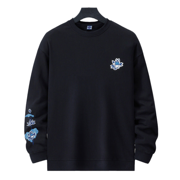 360g autumn and winter new men's round neck sweatshirt national tide loose large size fashion fashion brand embroidered cotton long-sleeved top