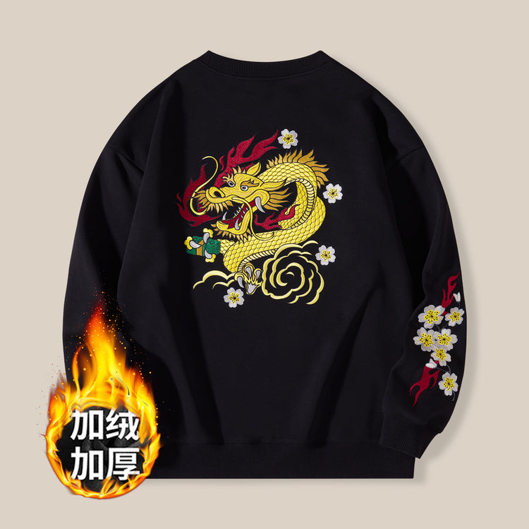 430g new velvet sweatshirt national tide dragon embroidery round neck top cotton loose tide brand plus size men's winter