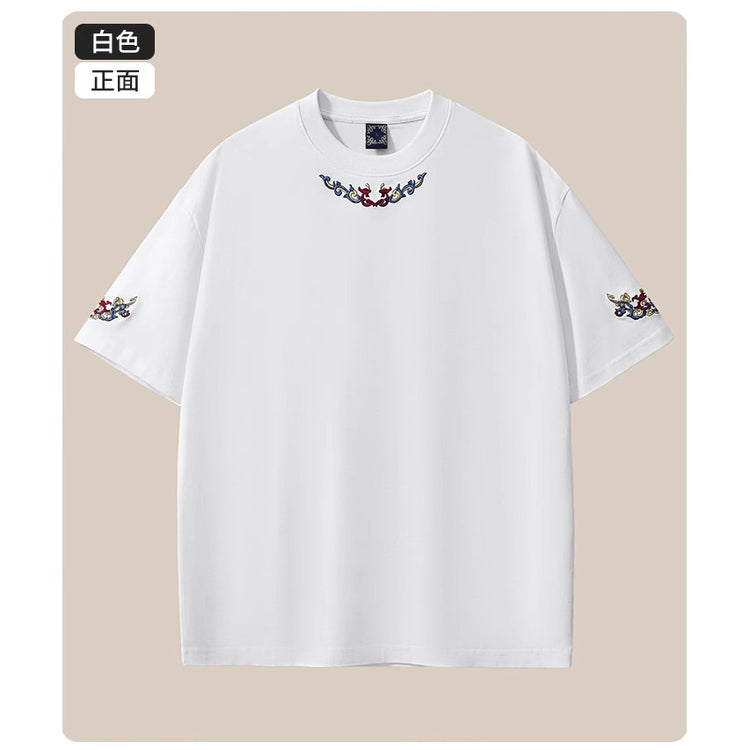 Summer New 260g Heavy Cotton Dropped Shoulder Short Sleeve T-Shirt Men's Chinese Style Embroidery Loose Plus Size Men's Wholesale