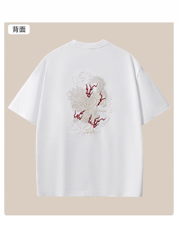 Summer new 260g heavyweight pure cotton short-sleeve T-shirt for men, Chinese style embroidered loose drop shoulder plus-size men's clothing wholesale