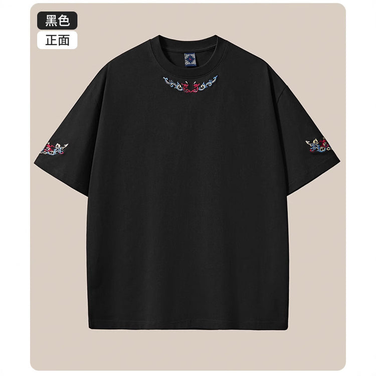Summer New 260g Heavy Cotton Dropped Shoulder Short Sleeve T-Shirt Men's Chinese Style Embroidery Loose Plus Size Men's Wholesale
