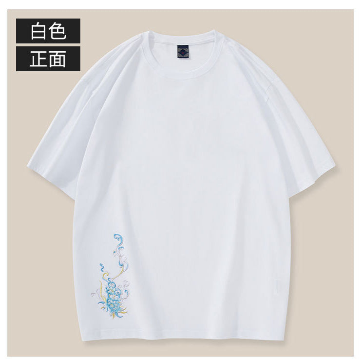 New short-sleeve men's T-shirt, Qilin embroidery, pure cotton loose plus-size national trendy loose men's round-neck half-sleeve wholesale