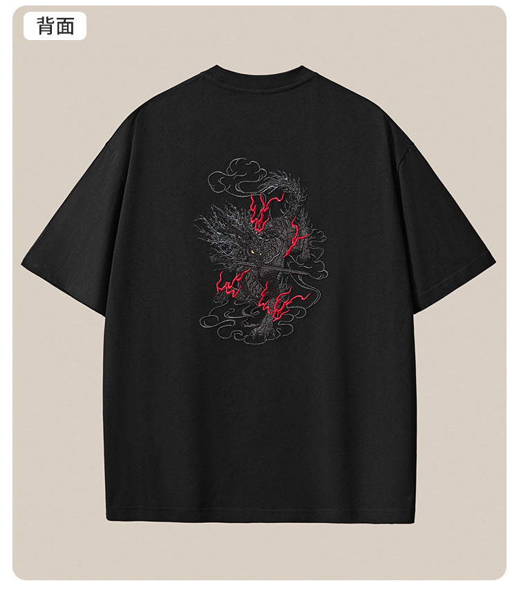 Summer new 260g heavyweight pure cotton short-sleeve T-shirt for men, Chinese style embroidered loose drop shoulder plus-size men's clothing wholesale