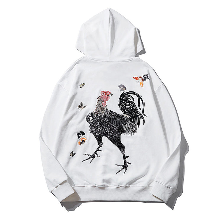 Cross-border autumn heavy industry rooster embroidery male hooded sweatshirt pullover national tide young couple trend coat clothes