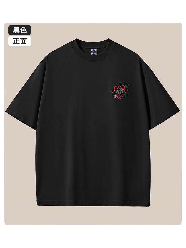 Summer new 260g heavyweight pure cotton short-sleeve T-shirt for men, Chinese style embroidered loose drop shoulder plus-size men's clothing wholesale