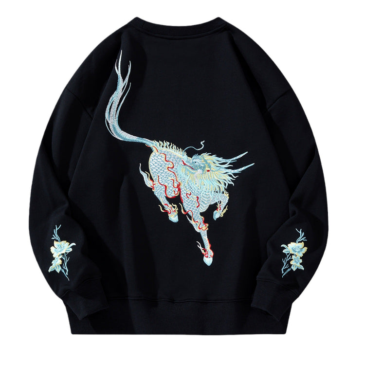 Kirin Heavy Industries embroidered sweatshirt men's Chinese style cotton loose trend plus size trendy brand men's jacket round neck youth