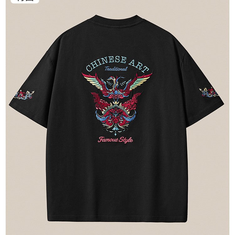 Summer New 260g Heavy Cotton Dropped Shoulder Short Sleeve T-Shirt Men's Chinese Style Embroidery Loose Plus Size Men's Wholesale
