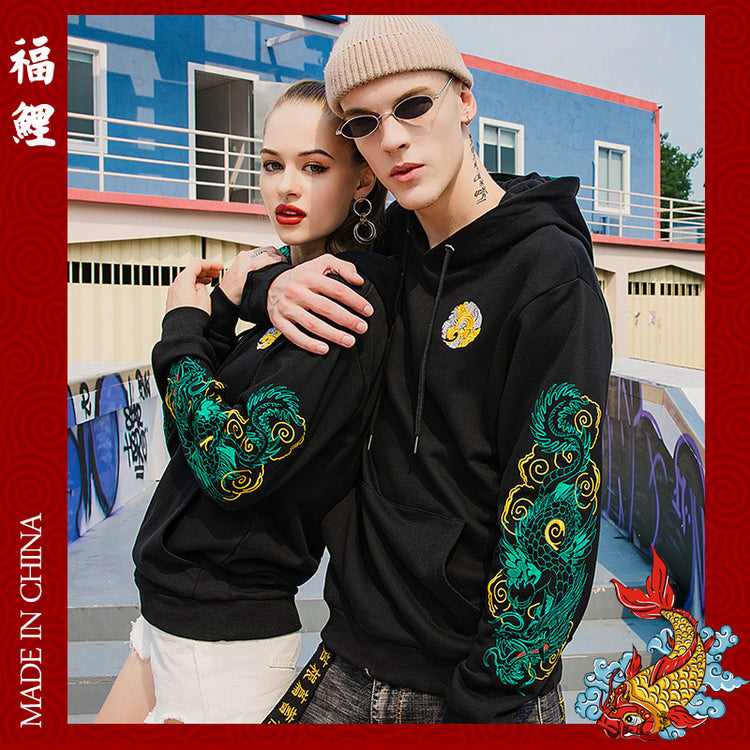 Autumn Chinese style dragon embroidery national tide clothes large size loose casual pullover men's couple hooded sweatshirt men
