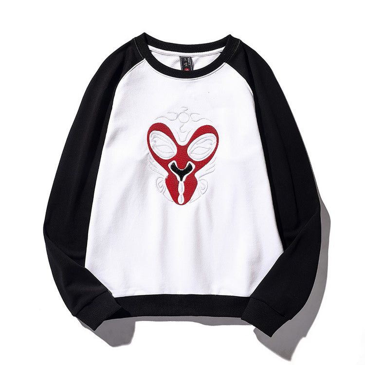 Wukong sequin embroidered ralan-sleeve round-neck pullover shirt, pure cotton plus-size patchwork, Chinese trendy sweatshirt for men