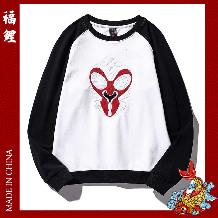 Wukong sequin embroidered ralan-sleeve round-neck pullover shirt, pure cotton plus-size patchwork, Chinese trendy sweatshirt for men