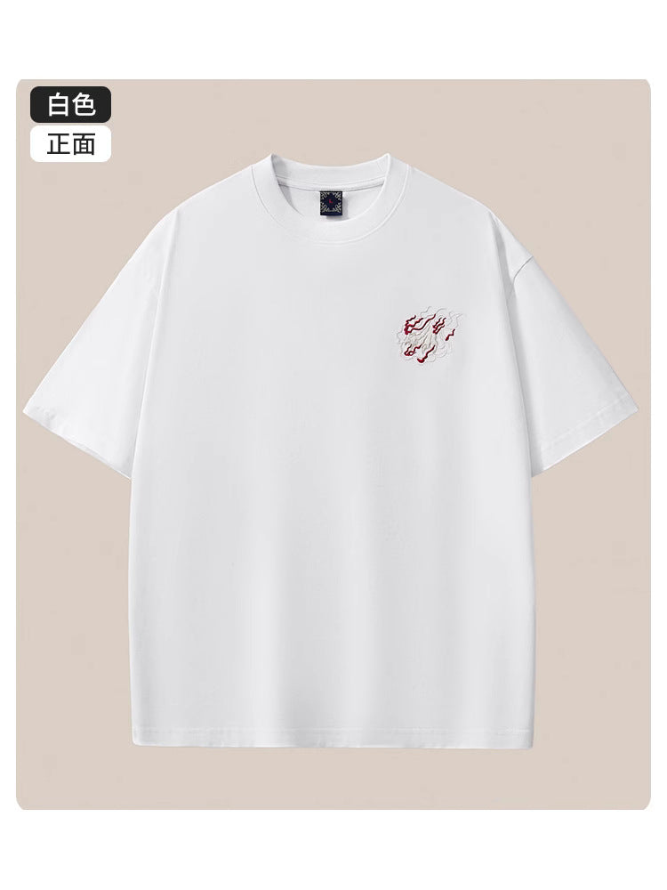 Summer new 260g heavyweight pure cotton short-sleeve T-shirt for men, Chinese style embroidered loose drop shoulder plus-size men's clothing wholesale