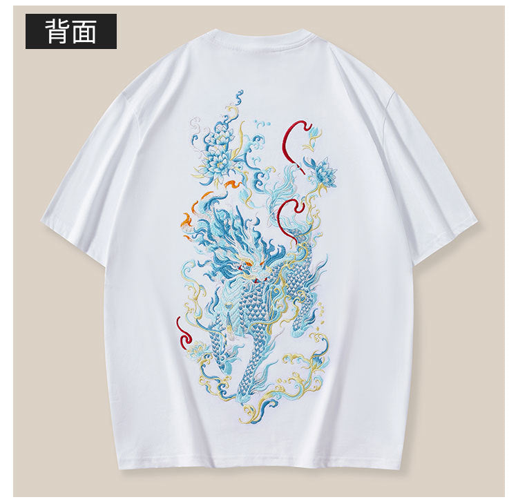 New short-sleeve men's T-shirt, Qilin embroidery, pure cotton loose plus-size national trendy loose men's round-neck half-sleeve wholesale