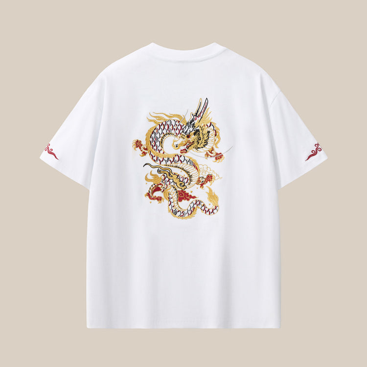 New crew neck drop shoulder short-sleeve men's pure cotton trendy brand gold thread embroidered loose youth plus-size men's wear from the source factory