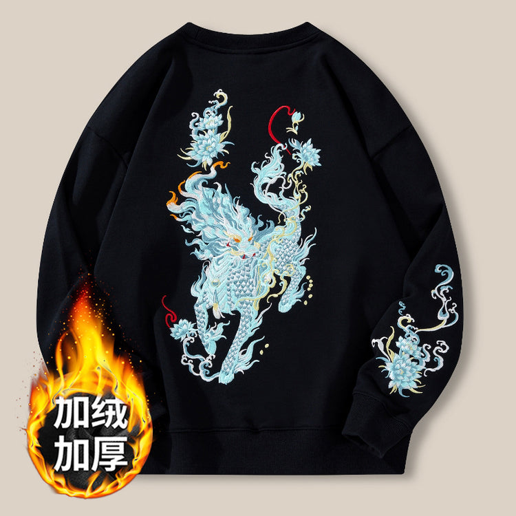 New sweatshirt men's fleece jacket national tide unicorn embroidered top cotton loose fashion brand plus-size crew neck shirt men