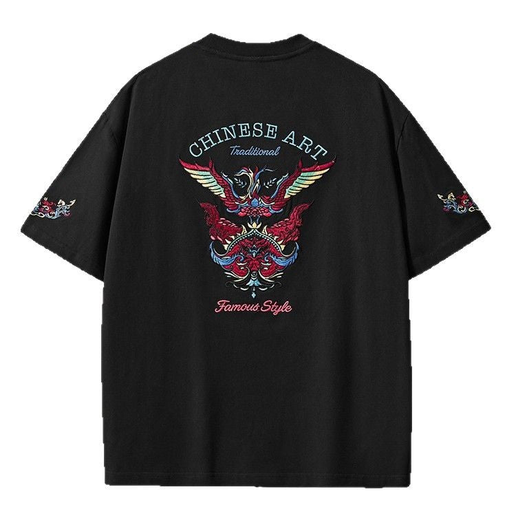 Summer New 260g Heavy Cotton Dropped Shoulder Short Sleeve T-Shirt Men's Chinese Style Embroidery Loose Plus Size Men's Wholesale