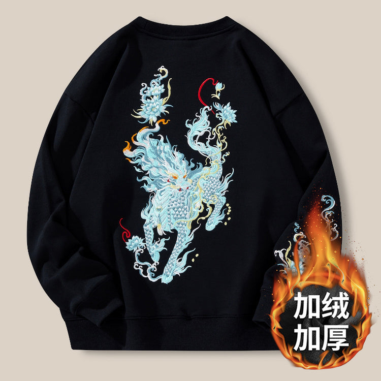 New sweatshirt men's fleece jacket national tide unicorn embroidered top cotton loose fashion brand plus-size crew neck shirt men