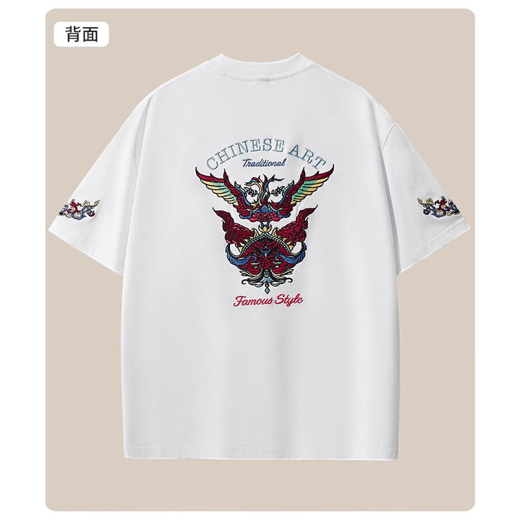 Summer New 260g Heavy Cotton Dropped Shoulder Short Sleeve T-Shirt Men's Chinese Style Embroidery Loose Plus Size Men's Wholesale