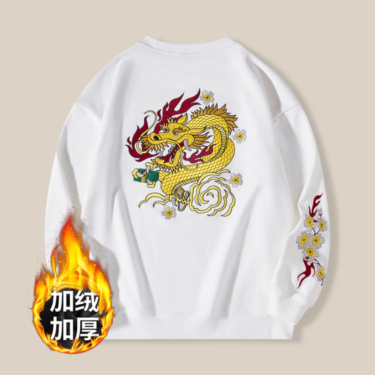 430g new velvet sweatshirt national tide dragon embroidery round neck top cotton loose tide brand plus size men's winter