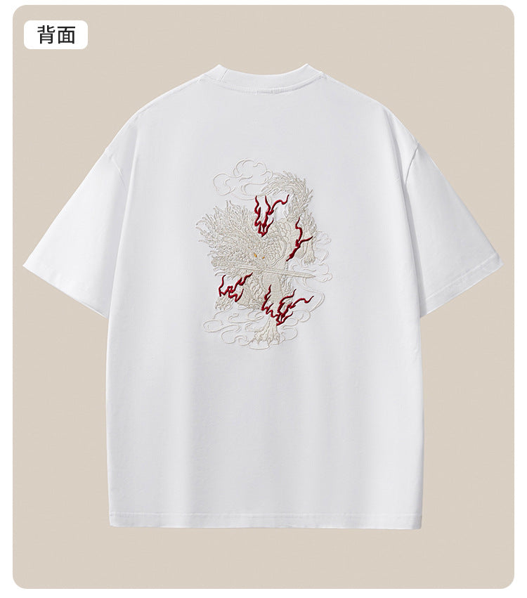 Summer new 260g heavyweight pure cotton short-sleeve T-shirt for men, Chinese style embroidered loose drop shoulder plus-size men's clothing wholesale