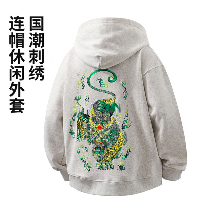 Cross-border (Pixiu cardigan) new Chinese style heavy industry embroidered Pixiu jacket men's hooded cardigan autumn/winter sweatshirt men's 420G