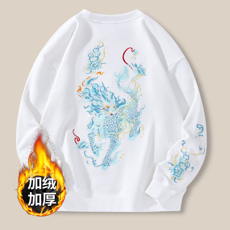 New sweatshirt men's fleece jacket national tide unicorn embroidered top cotton loose fashion brand plus-size crew neck shirt men