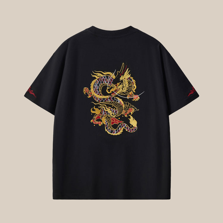 New crew neck drop shoulder short-sleeve men's pure cotton trendy brand gold thread embroidered loose youth plus-size men's wear from the source factory