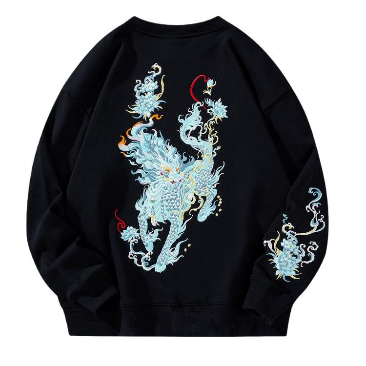 New sweatshirt men's fleece jacket national tide unicorn embroidered top cotton loose fashion brand plus-size crew neck shirt men