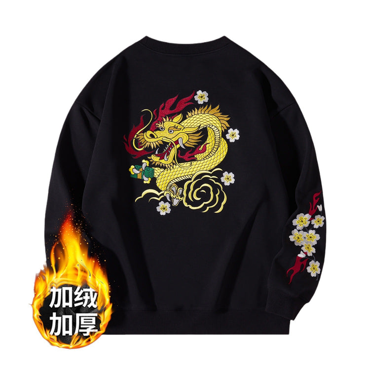 430g new velvet sweatshirt national tide dragon embroidery round neck top cotton loose tide brand plus size men's winter