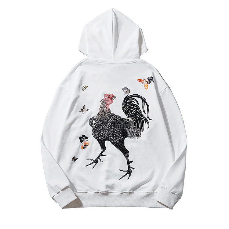 Cross-border autumn heavy industry rooster embroidery male hooded sweatshirt pullover national tide young couple trend coat clothes
