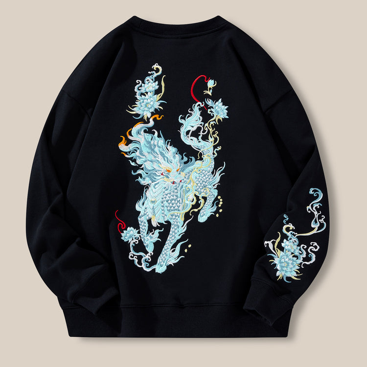 New sweatshirt men's fleece jacket national tide unicorn embroidered top cotton loose fashion brand plus-size crew neck shirt men