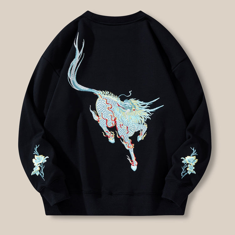 Kirin Heavy Industries embroidered sweatshirt men's Chinese style cotton loose trend plus size trendy brand men's jacket round neck youth