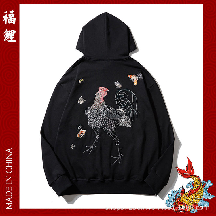 Cross-border autumn heavy industry rooster embroidery male hooded sweatshirt pullover national tide young couple trend coat clothes