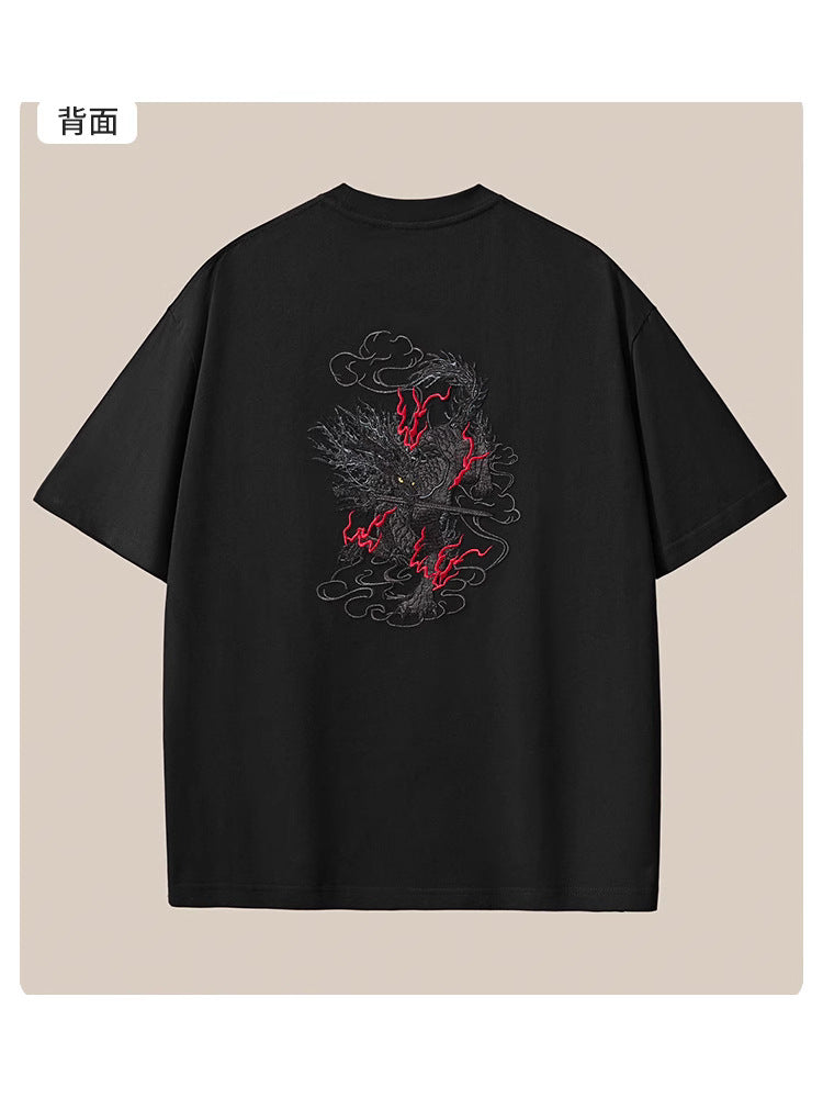 Summer new 260g heavyweight pure cotton short-sleeve T-shirt for men, Chinese style embroidered loose drop shoulder plus-size men's clothing wholesale