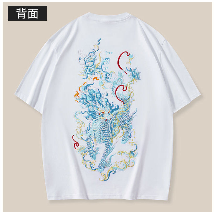 New short-sleeve men's T-shirt, Qilin embroidery, pure cotton loose plus-size national trendy loose men's round-neck half-sleeve wholesale